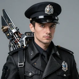 classy classy elegant sophisticated very up close portrait photoreal of a handsome male policeman, pale skin, stubble, black carbon fibre windbreaker ， eagle's eyes ， huge metal mechanics flying jet backpack ， ryuichi sakamoto, ultra detailed wire decoration, fantasy art ， by nixeu and guweiz and ilya kuvshinov, sleek curves,