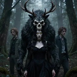 style artgerm, joshua middleton, rafael albuquerque, peter mohrbacher : : scary wendigo with antlers and skull face mixed with werewolf : : [ [ beautiful female witch wearing a black dress, yellow eyes, symmetrical face, on the right side ] ] : : in the forest, detailed, dark and foggy, cinematic lighting