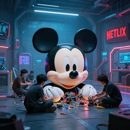 the wide shot of a group of people repairing the cyber mickey mouse!!!!!!!!! in hangar room, a netflix logo!!!!!!!! on the background, cyberpunk art by syd mead, cgsociety, retrofuturism, concept art, neon light, 1 8 mm lens