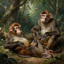 monkey paradise, idyll scene, relaxed atmosphere, by rembrandt and wlop, intricate, detailed, photorealistic imagery, artstation