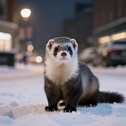 Professional portrait of a gray ferret in a snowy city street at night, 8k, dslr, cinematic