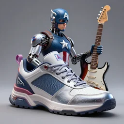 an anthropomorphic cyberpunk futuristic sneaker of captain america by sandra chevrier, by jon foster, detailed render, cybernetics, 4 k realistic, fender stratocaster, cryengine, realistic shaded lighting, sharp focus, masterpiece, by enki bilal