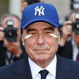 Silvio Berlusconi with a blue NY hat and 16 cigarettes in his eyes, photo, paparazzi, hd, high quality