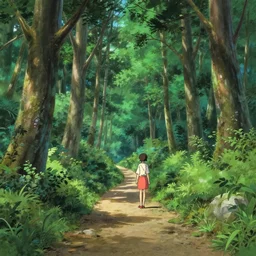 complex forest and pathway from left to right, detailed panorama painting by kyoto animation