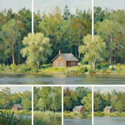 “ a painting of a cottage on the lakeside forest in background, 4 images’”
