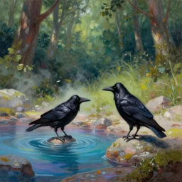 upright anthro man crow finding a colorful hotspring deep in forest, oil painting, highly detailed, medieval fantasy, featured on artstation