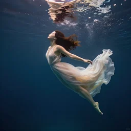 woman with a long flowing dress swimming underwater