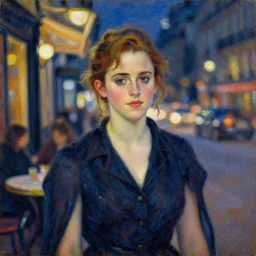 an impressionist portrait painting of emma watson by henri - edmond cross, paris cafe at night with city lights bokeh background,!!! shallow depth of field!!!, canon 5 0 mm!! tilt - shift!! lens f 1. 2