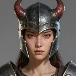 character portrait of a woman with a realistically proportioned face in a demonic helmet and armor, realistic face details, smooth, highly detailed portrait, digital painting, concept art, cgi, 3 d animation, painted texture maps, sharp focus, illustration, in the style of studio fortiche