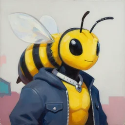 portrait painting an anthropomorphic bee wearing a jacket and a collar, as an overwatch character, medium shot, asymmetrical, profile picture, organic painting, sunny day, matte painting, bold shapes, hard edges, street art, trending on artstation, by huang guangjian and gil elvgren and sachin teng