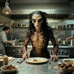 the strange creature in the restaurant kitchen, film still from the movie directed by denis villeneuve and david cronenberg with art direction by salvador dali and zdzisław beksinski,