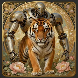 portrait of a tiger, robot steampunk, floral! horizon zero dawn machine, intricate, elegant, highly detailed, ray tracing, digital painting, artstation, concept art, smooth, sharp focus, illustration, art by artgerm and greg rutkowski and alphonse mucha, 8 k