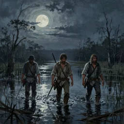 an oilpainting of hunters from hunt showdown walking across a swamp at night, horror scene, moon light, bayou, silence, detailed