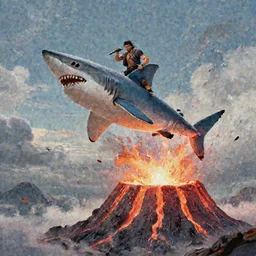 a macho man flying on a shark into an active volcano , made by Stanley Artgerm Lau, WLOP, Rossdraws, ArtStation, CGSociety, concept art, cgsociety, octane render, trending on artstation, artstationHD, artstationHQ, unreal engine, 4k, 8k,