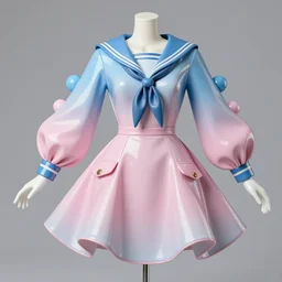 vynil figure collection ball shaped accordion sleeve haute couture, sailor uniform, coat, synthetic curves striking pose, dynamic folds, cute pockets, volume flutter, youthful, modeled by modern designer bust, body fit, award fashion, picton blue, petal pink gradient scheme, holographic tones, expert composition, professional retouch, editorial photography