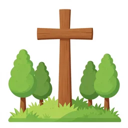 portrait of a cross with nature and some thing about creation, christianity, cartoon, vector, full picture view,