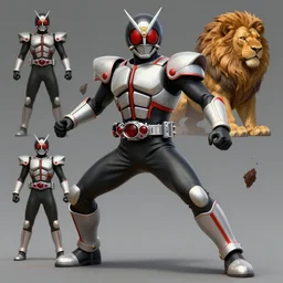 concept art sprite sheet of kamen rider, big belt, human structure, lion concept art, hero action pose, human anatomy, intricate detail, hyperrealistic art and illustration by irakli nadar and alexandre ferra, unreal 5 engine highlly render, global illumination