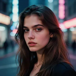 A hyper realistic and detailed head portrait photography of young brunette female on a futuristic street. by David Dubnitskiy. Neo noir style. Cinematic. neon lights glow in the background. Cinestill 800T film. Lens flare. Helios 44m