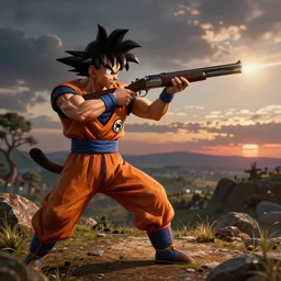 goofy in fortnight shooting at goku with a shotgun, high detail
