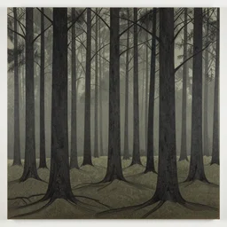 forest by dan mumford and peter doig and edward hopper, symmetrical, minimal, black ink, thick lines highly detailed, muted colours, masterpiece 8 k