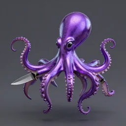 3 d render in blender of a shiny purple metal octopus with knives on the end of its tentacles