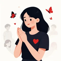 illustration for a love wish card, a beautiful young lady in love wearing a dark shirt with a red heart, butterflies flying around her, clean cel shaded vector art. shutterstock. behance hd by lois van baarle, artgerm, helen huang, by makoto shinkai and ilya kuvshinov, rossdraws, illustration, art by ilya kuv, black and red
