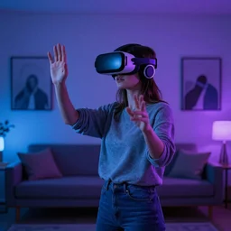 modern art of a woman wearing a vr headset in a blue and purple lit room art