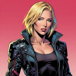 hyper detailed comic illustration of a cyberpunk cate blanchett    , by darick robertson , transmetropolitan , intricate details, colourful ,   vibrant, solid background