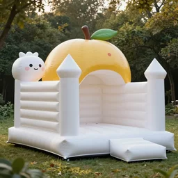 huge white adult bouncy castle playground in big fruits form, on the forest, style by anish kapoor, parts by shih chieh huang, warm soft light, shallow depth of field realistic, 8 k, hyperrealism, subsurface scattering, raytracing