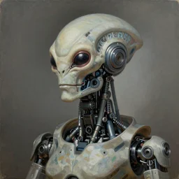 cinematic bust portrait of psychedelic robot from left, head and chest only, exotic alien features, robotic enhancements, desaturated, Tim Hildebrandt, Wayne Barlowe, Bruce Pennington, donato giancola, larry elmore, oil on canvas, masterpiece, trending on artstation, featured on pixiv, cinematic composition, dramatic pose, beautiful lighting, sharp, details, hyper-detailed, HD, HDR, 4K, 8K