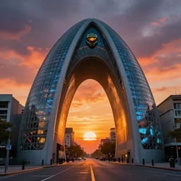 a bulbous zaha hadid city street gate, ilm, beeple, star citizen halo, mass effect, 2001 space odyssey, elysium, iron smelting pits, warm saturated colours, atmospheric perspective, dramatic sunset