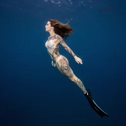 underwater photography full body portrait of beautiful norwegian diver tattooed young hunter pincess swimming underwater, low angle, realistic, 4 k, high quality photography by terry o'neill intricate, elegant, highly detailed, smooth, sharp focus, by artgerm and greg rutkowski and alphonse mucha, 8 k