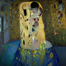 close up of a girl in a blue and gold haunted liminal abandoned room, film still by edward hopper, by Pontormo, by klimt, by dante gabriel rossetti, pre-raphaelite. art noveau, highly detailed, strong lights, liminal, eerie, Bright pastel colors
