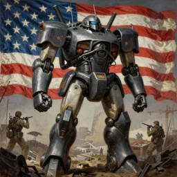 American mechs take Okinawa, sci-fi illustrations, WWII propaganda poster, highly detailed, intricate, photorealistic, award-winning, patriotic, american, dark, gritty, oil painting