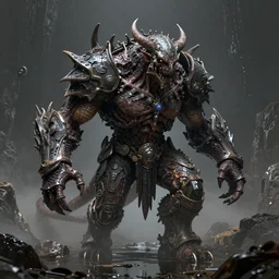 devil monster from doom on a humongous hell biome, fantasy, hyper realism, wet reflections, intricate, digital art, detailed, studio shot, unreal engine 5, octane, high definition, smooth, artstation, behance