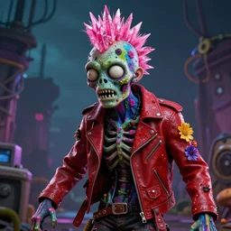action shot of a punk rock zombie with multicolored skin and pink crystal mohawk, red leather jacket, anatomical body, covered in flowers and glitter, digital art, octane render, fantasy, cartoonish, cinematic lighting, visionary art by alex grey