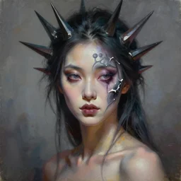 a beautiful woman with facial spikes, painted by artgerm and tom bagshaw, fantasy art, dramatic lighting, highly detailed oil painting
