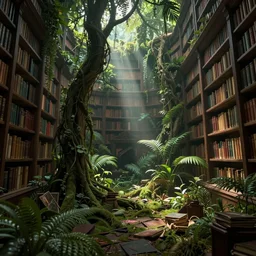 decaying interior of an ( ( old library ) ) with a rainforest growing inside, light - beams, highly detailed, intricate detail, realistic shaded lighting, beautiful 3 d rendering, octane render, hyperrealistic, trending on artstation, by greg rutkowski and simon stalenhag
