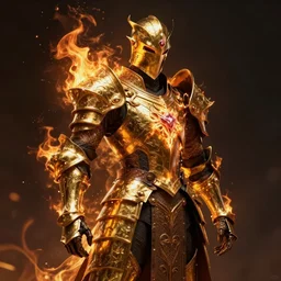 the knight of the eternal flame covered in flames wearing detailed gold and black armor like obsidian, dark souls concept art, dramatic lighting, trending on artstation hq, 4 k, uhd