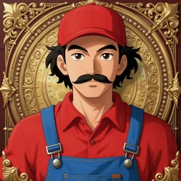 highly detailed vfx portrait of a man with a mustache wearing a red shirt, blue overalls, and a red cap, art by bayard wu, anime, digital illustration, ornate details,