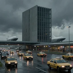brutalist architecture, after the rain, ominous evening, crowded airport, taxis, cargo spaceships, matte painting by greg rutkowski and craig mullins