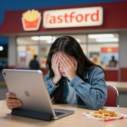 a bad fast food in usa, people inside sick, midnight, selfie, took on ipad