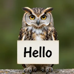 an owl holding a sign that says hello lol