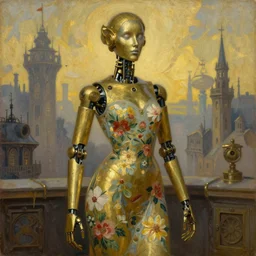 brass semi - mechanical woman, portrait, floral art novuea dress, art by moebius, oil on canvas, in steampunk cityscape, golden hour, robotic prosthetic limbs