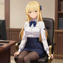 blonde anime woman with long hair, wearing headmistress uniform, sophisticated young woman, pantyhose, authority, sitting in dean's office, ornate designs on desk, sharp details, subsurface scattering, intricate details, anime, anime hd wallpaper, 2 0 1 9 anime screenshot