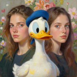 double exposure portrait of duckie thot with a floral background : : painted by artgerm, karol bak, artur bordalo, sandra chevrier : : portrait, character, illustration, hyperrealism, photorealism,