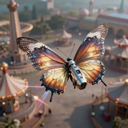 promotional still, high angle, a ( robotic butterfly ) ( metal aerodynamic wings ) ( spaceship ), slightly glowy, flying over desolate amusement park, firing lasers, ultrarealistic, bokeh, detailed, hq 8 k 4 k, dramatic lighting, intense, in styles of whelan harris hardy.