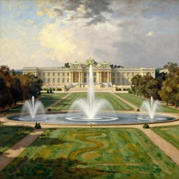 infinite dimension of the late summer palace lawns, splendorous fountains and classical architecture, by thomas cole, luminism, genre painting, romanticism, naturalism, endless, neverending epic scale, volumetric lighting