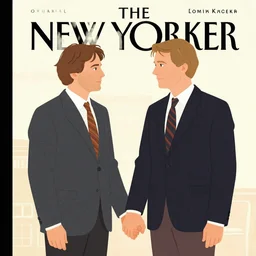 Twin Peaks portrait of Mads Mikkelsen and Hugh Dancy holding hands romantically as they chaperone school dance by Zdzislaw Beksinski, Michael Whelan, Bob Larkin and Tomer Hanuka, simple illustration, domestic, nostalgic, clean, Matte painting, trending on artstation and unreal engine, New Yorker magazine cover, 1980s romance book cover