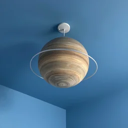 planet ceiling mobile hanging from a blue room as seen from a low perspective, phong shading